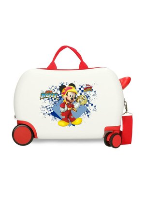 Maleta infantil con ruedas y asa roja, con Mickey Mouse vestido de corredor sosteniendo un trofeo y el texto "Vamos a rodar".