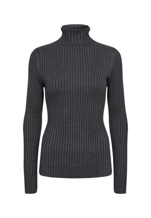 Gray ribbed turtleneck sweater with long sleeves, fitted design, soft texture, and a high collar, providing a snug fit.
