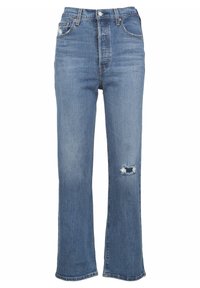 Höga blå jeans i denim, med lös passform, ett slitet knä med fransar och klassisk femfickdesign.