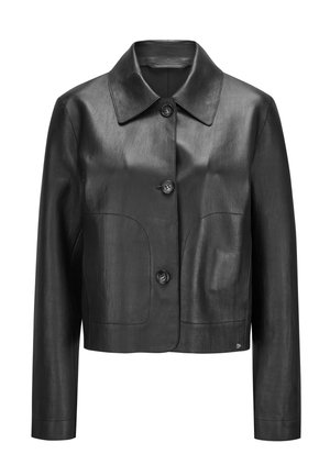 Schwarze, kurz geschnittene Lederjacke mit langen Ärmeln, drei Knöpfen vorne, spitzem Kragen und dezenten Taschenstichen auf der Vorderseite.