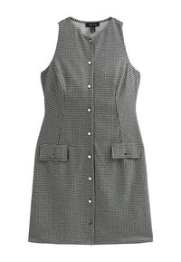 Abito senza maniche con motivo a scacchi bianco e nero, caratterizzato da una chiusura frontale a bottoni, una vestibilità aderente e due tasche anteriori con chiusura a scatto.