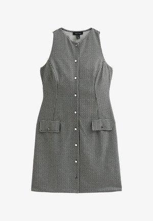 Abito senza maniche con motivo a scacchi bianco e nero, caratterizzato da una chiusura frontale a bottoni, una vestibilità aderente e due tasche anteriori con chiusura a scatto.