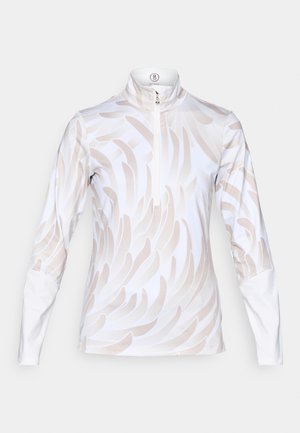 Langarm sporttop in het wit met een lichtbeige golfpatroon, voorzien van een hoge kraag en een kwart-ritssluiting. Glad, rekbaar materiaal.