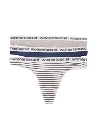 String blanc et marine à rayures avec une ceinture élastique portant la marque "women's secret" ; tissu lisse, design à couverture minimale.