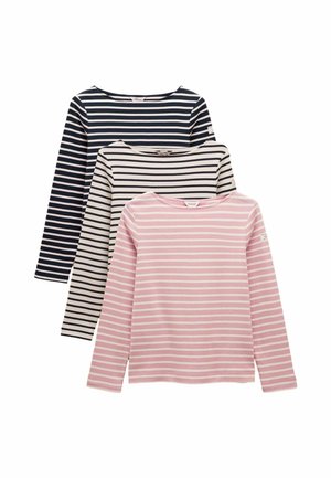 Three long-sleeve striped shirts: navy and white, cream and navy, and pink with white stripes. Cotton material and round neckline.
