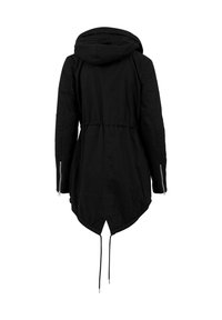 Juoda ilga parka striukė su kapišonu, aptempta liemeniu, prailgintu nugaros apačiu ir užtrauktukais ant rankovių, rodoma iš nugaros.