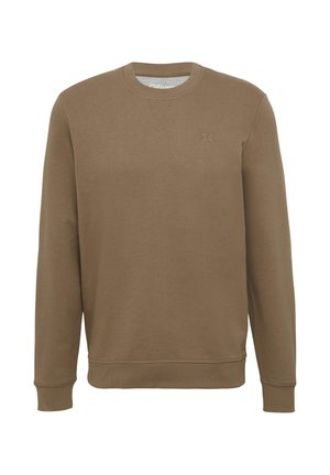 Rjav bombažni pulover s krožnim izrezom, rebrastimi manšetami in robom. Ima majhen, embosiran logotip na prsih. Gladka tekstura.