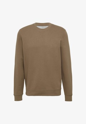 Rjav bombažni pulover s krožnim izrezom, rebrastimi manšetami in robom. Ima majhen, embosiran logotip na prsih. Gladka tekstura.