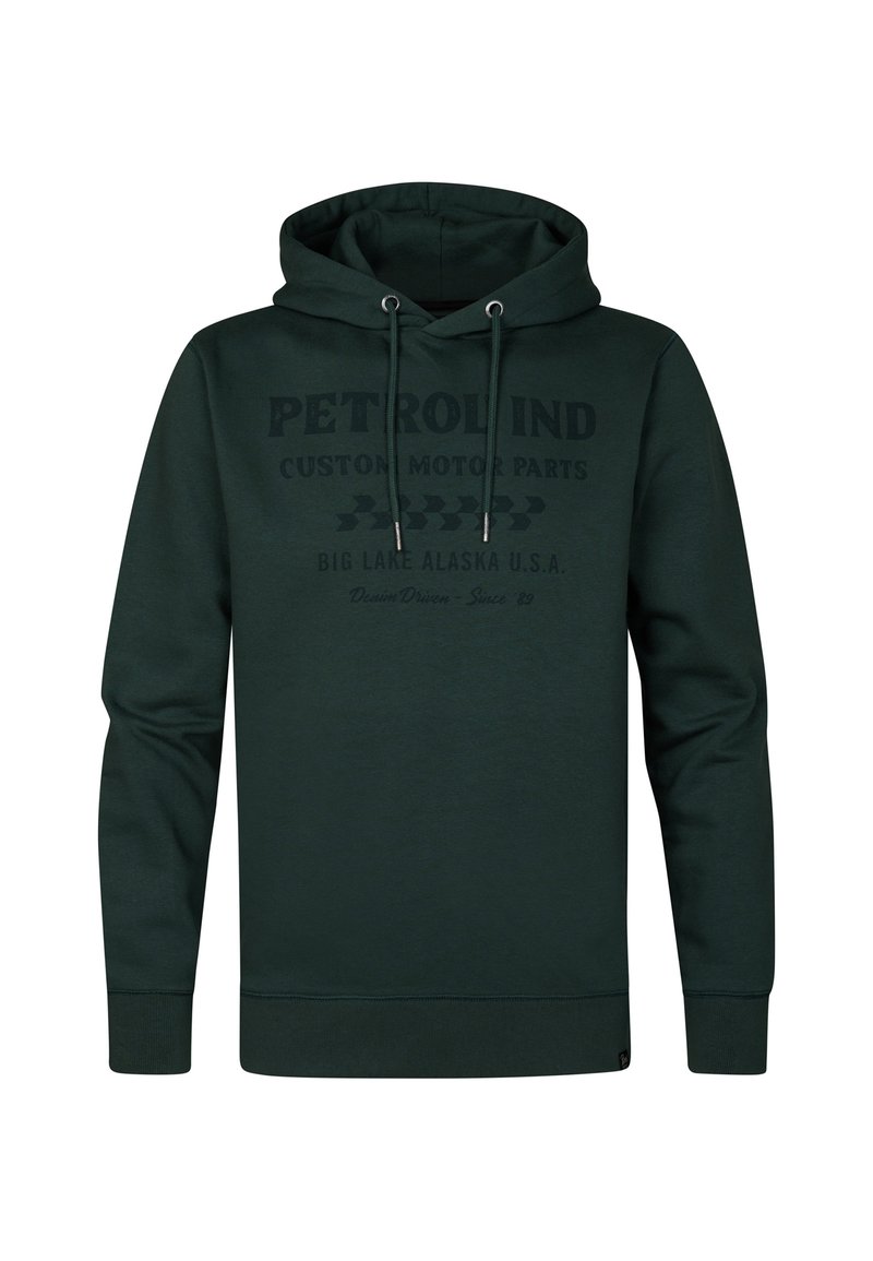 Sudadera con capucha de color verde oscuro hecha de una mezcla de algodón. Presenta un estampado gráfico en la parte frontal, cordones ajustables y puños y dobladillo de canalé.