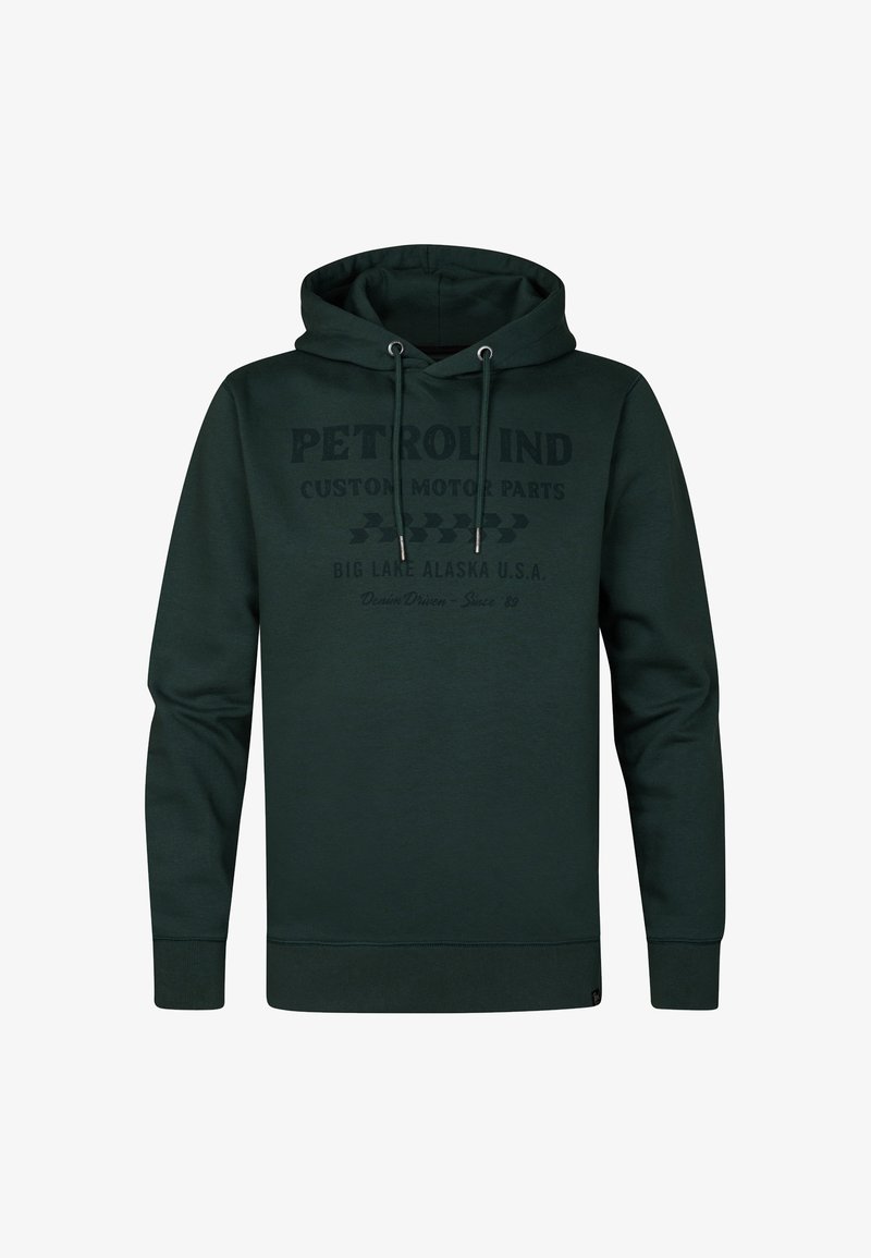 Sudadera con capucha de color verde oscuro hecha de una mezcla de algodón. Presenta un estampado gráfico en la parte frontal, cordones ajustables y puños y dobladillo de canalé.