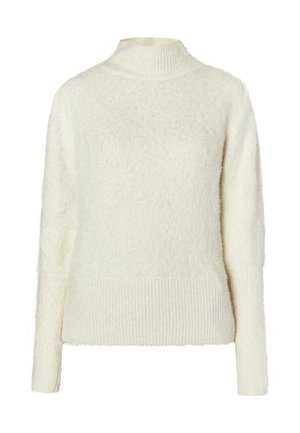 Fuzzy hvid turtleneck sweater med lange ærmer og ribbet kant. Blød tekstur hele vejen igennem, med høj krave.