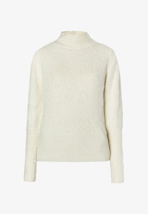 Pärlvalge turtleneck-sviiter pika varrukaga ja soonikkoesega hemiga. Pehme tekstuur üle kogu, millel on kõrge krae.