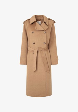 Bežový vlněný trenčkot s dvojitými knoflíky, širokým límcem, pásem v pase a ramenními vycpávkami. Hladká textura a délka po kolena.