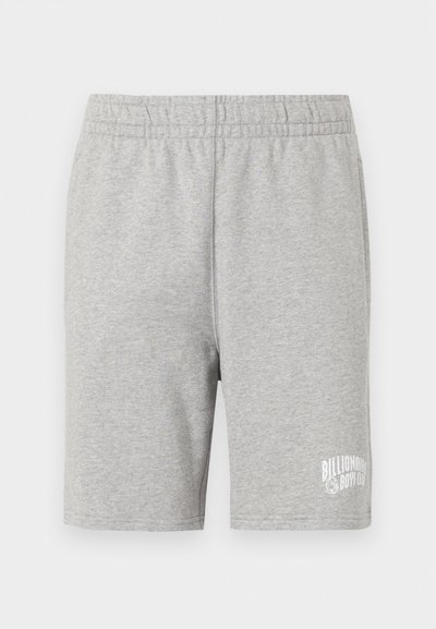 Grå bomulds shorts med elastisk talje og et hvidt logo nederst til højre. Blød tekstur, knælængde design.