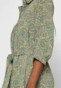 Vihreä paisley-kuosiset mekko, jossa on kaulus, lyhyet hihat ja vyötärönauha. Keveästä kankaasta valmistettu, jossa on monimutkaisia sinisiä ja kultaisia yksityiskohtia.