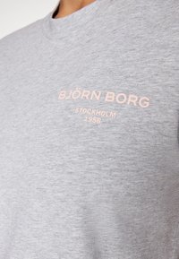 Grå bomullströja med rund halsringning, med rosa text som läser "BJÖRN BORG STOCKHOLM 1956" på vänster bröstområde.