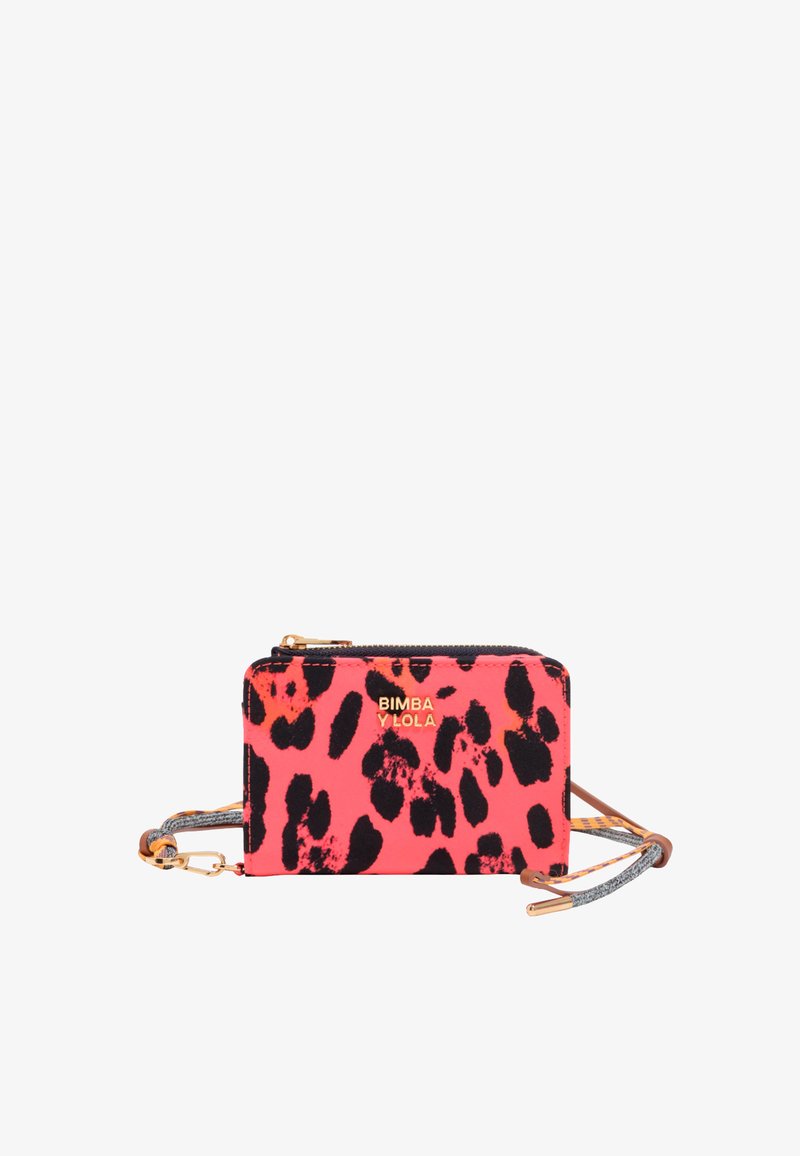 Compact wallet featuring bright pink material with black leopard spots, gold logo, and a zippered closure, complemented by a detachable strap.