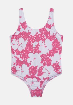 One-piece swimsuit in white fabric with pink floral and leaf patterns, featuring wide shoulder straps and a scoop neckline.