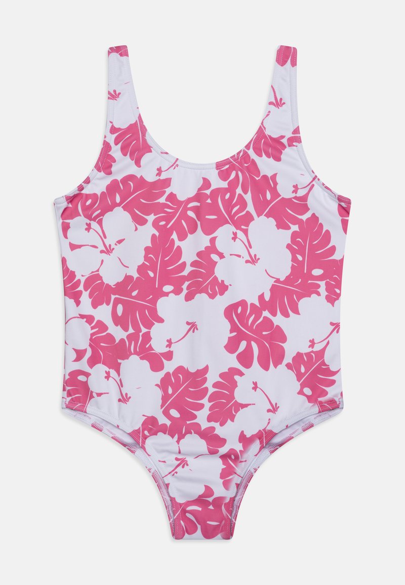 Maillot de bain une pièce en tissu blanc avec des motifs floraux et de feuillage roses, présentant des bretelles larges et un décolleté dégagé.