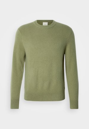 Svijetlozeleni pulover s dugim rukavima, okruglim izrezom i rebrastim manšetama i rubom. Izrađen od tkanine meke teksture. Bez vidljivih uzoraka ili detalja.