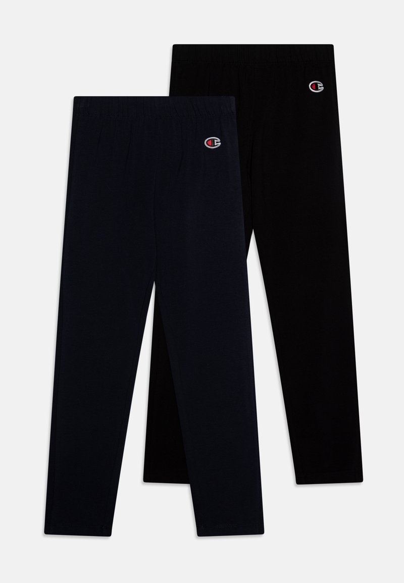Zwei Leggings-Paare: eines in tiefem Marineblau und eines in Schwarz, beide mit einem elastischen Bund und einem kleinen Logo auf der Vorderseite. Weiches, dehnbares Material.