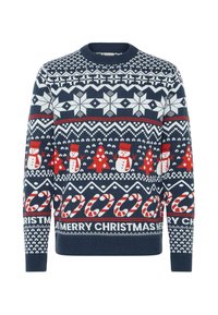 Navy blue winter sweater with white snowflake and red snowman patterns, featuring candy canes and "MERRY CHRISTMAS" text in white.