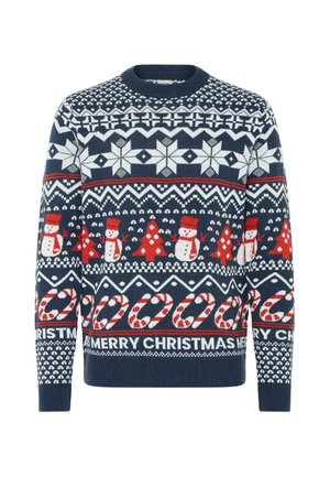 Suéter de invierno azul marino con patrones de copos de nieve blancos y muñecos de nieve rojos, con bastones de caramelo y el texto "FELIZ NAVIDAD" en blanco.