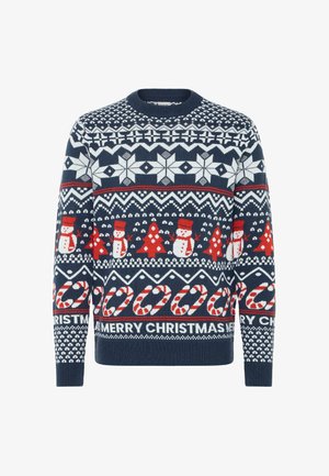 Sötétkék téli pulóver fehér hópehely és piros hóember mintákkal, cukorbotokkal és "BOLDOG KARÁCSONYT" felirattal fehér színben.