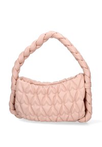 Borsa a tracolla quilted rosa realizzata in morbido materiale sintetico, con manico intrecciato e forma arrotondata con superficie texture.