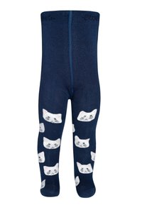 Navy-blau Leggings mit einer weichen Textur, die ein wiederkehrendes Muster von weißen Katzenköpfen aufweisen. Der elastische Bund sorgt für einen sicheren Sitz.