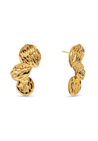 Pendientes de oro con un diseño orgánico y texturado que presenta tres elementos redondeados interconectados de diferentes tamaños y formas.
