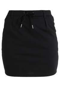 Gonna mini nera con vita regolabile, passanti per cintura e tasche laterali, realizzata in un tessuto liscio.