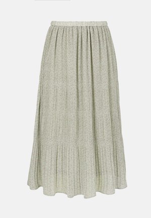 Φούστα μέσης μήκους σε ανοιχτό πράσινο χρώμα με πιέτες, μικρό μοτίβο ροζ λουλουδιών και ελαστική ζώνη μέσης.