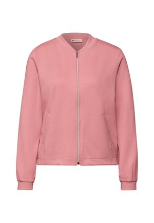 Rosa Bomberjacke mit einem vorderen Reißverschluss, gerippten Bündchen und Seitentaschen. Glatte Textur und runder Ausschnitt. Lässiges Design.