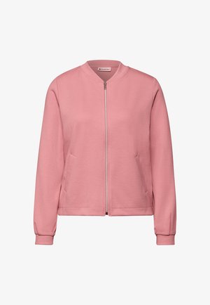Różowa kurtka bomberka z suwakiem z przodu, ściągaczami na rękawach i bocznymi kieszeniami. Gładka faktura i okrągły dekolt. Casualowy fason.