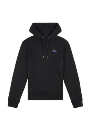 Felpa nera con cappuccio tipo pullover, tasca a marsupio frontale, cappuccio con coulisse, polsini a coste e piccolo logo rettangolare sul petto.