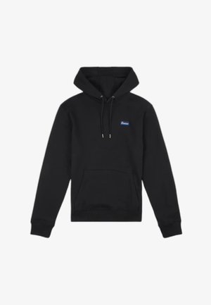 Felpa nera con cappuccio tipo pullover, tasca a marsupio frontale, cappuccio con coulisse, polsini a coste e piccolo logo rettangolare sul petto.