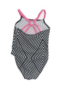 Costume da bagno a righe bianche e nere con motivo geometrico, spalline accentate in rosa sul retro e finitura in tessuto testurizzato.