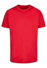 Camiseta corta de manga corta roja, con cuello redondo, textura suave, sin patrones ni gráficos, hecha de una tela ligera, corte estándar.
