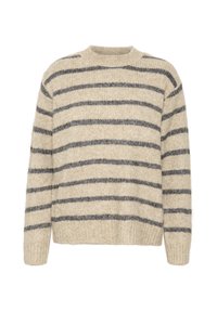 Beżowy sweter w paski wykonany z miękkiego dzianinowego materiału. Posiada ciemnoszare poziome paski, okrągły dekolt oraz ściągacze na mankietach i u dołu.