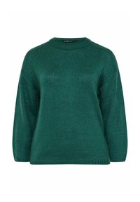 Zielony dzianinowy sweter z okrągłym dekoltem, długimi rękawami i teksturowanym wykończeniem. Posiada luźny krój oraz ściągacze na mankietach i dolnym brzegu.