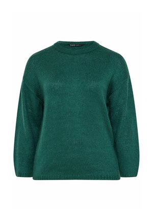 Grüner gestrickter Pullover mit rundem Ausschnitt, langen Ärmeln und strukturiertem Finish. Besitzt einen lockeren Schnitt sowie gerippte Bündchen und Saum.