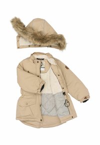 Beiger Wintermantel mit Kunstfellkapuze, Fleecefutter und gestreiftem Innenfutter. Ausgestattet mit Druckknöpfen und mehreren Außentaschen.