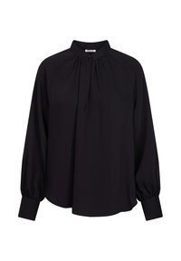 Blusa nera con colletto alto, chiusura a bottoni e dettagli arricciati. Presenta maniche lunghe e pallonate, con una texture morbida e liscia.