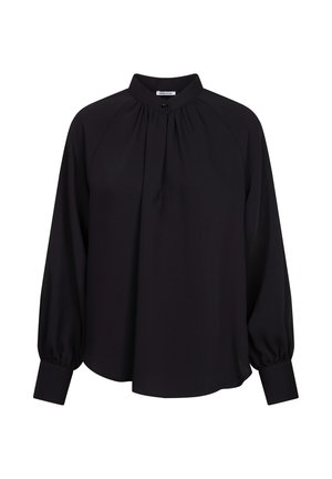 Schwarze Bluse mit hohem Kragen, Knopfverschluss und Raffung. Sie verfügt über lange, gepuffte Ärmel und eine weiche, glatte Textur.