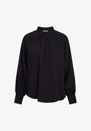 Schwarze Bluse mit hohem Kragen, Knopfverschluss und Raffung. Sie verfügt über lange, gepuffte Ärmel und eine weiche, glatte Textur.