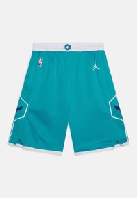 Teal basketball shorts made from lightweight fabric, featuring a white elastic waistband, pockets, and purple accents with logo details.