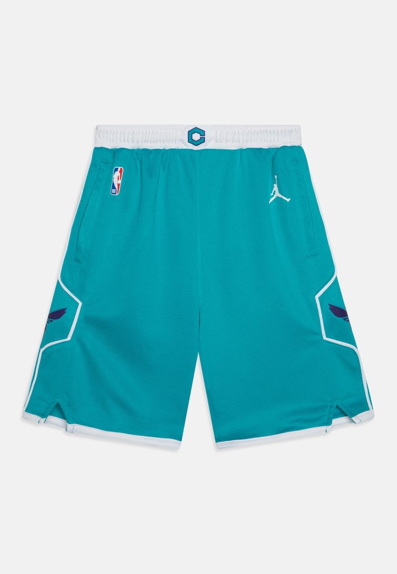 Teal basketball shorts made from lightweight fabric, featuring a white elastic waistband, pockets, and purple accents with logo details.