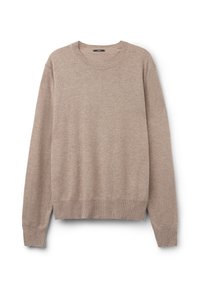 Pull à col rond marron clair avec manches longues, poignets et ourlet côtelés, étalé à plat sur un fond blanc.