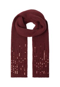 Burgundijas adīta šalle ar vertikālām rozā zelta spuldzītēm abos galos, salocīta cilpā uz balta fona.